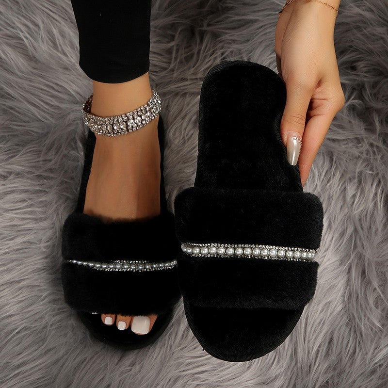 Fashion Solid Color Plush Slippers with Pearl Flat House Slippers