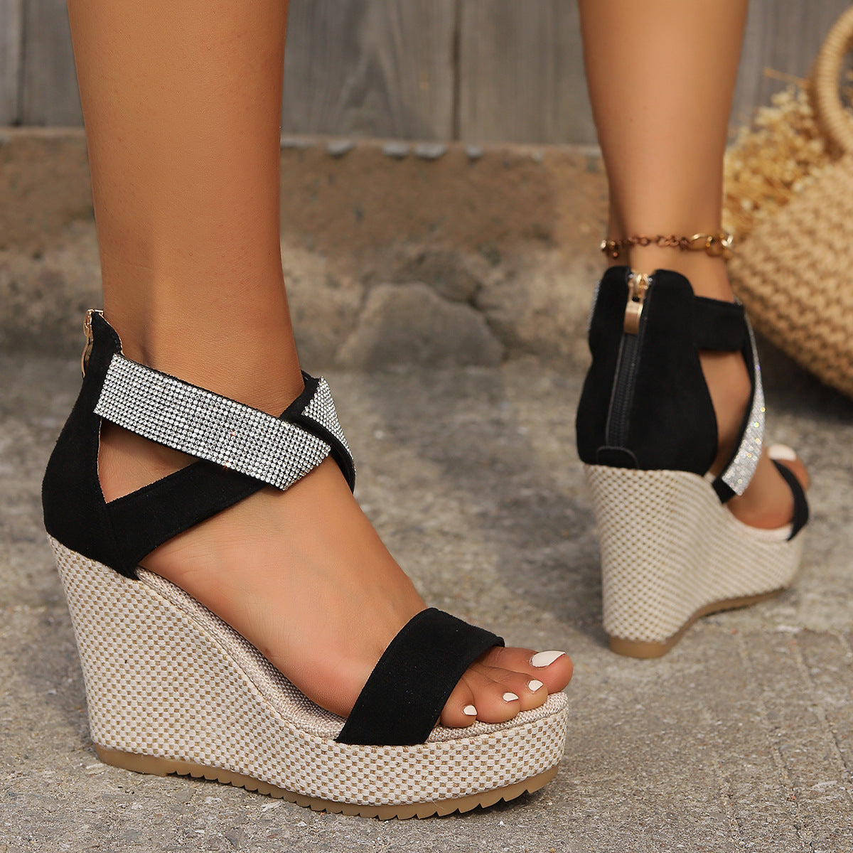 Fish Mouth High Wedges with Rhinestone Sandals