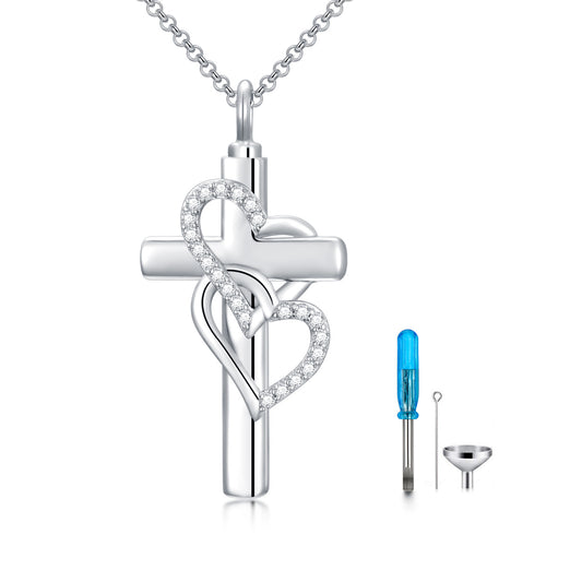 Sterling Silver Cross and Heart Pendant Necklace