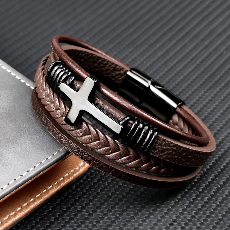 Stainless Steel Cross Leather Brown and Black Bracelet