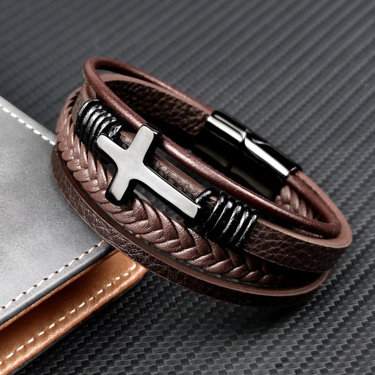 Stainless Steel Cross Leather Brown and Black Bracelet
