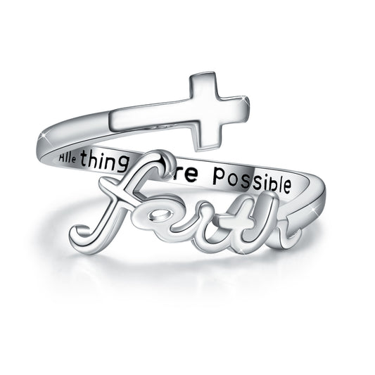 Faith Cross 925 Sterling Silver Adjustable Open Rings Open Ring