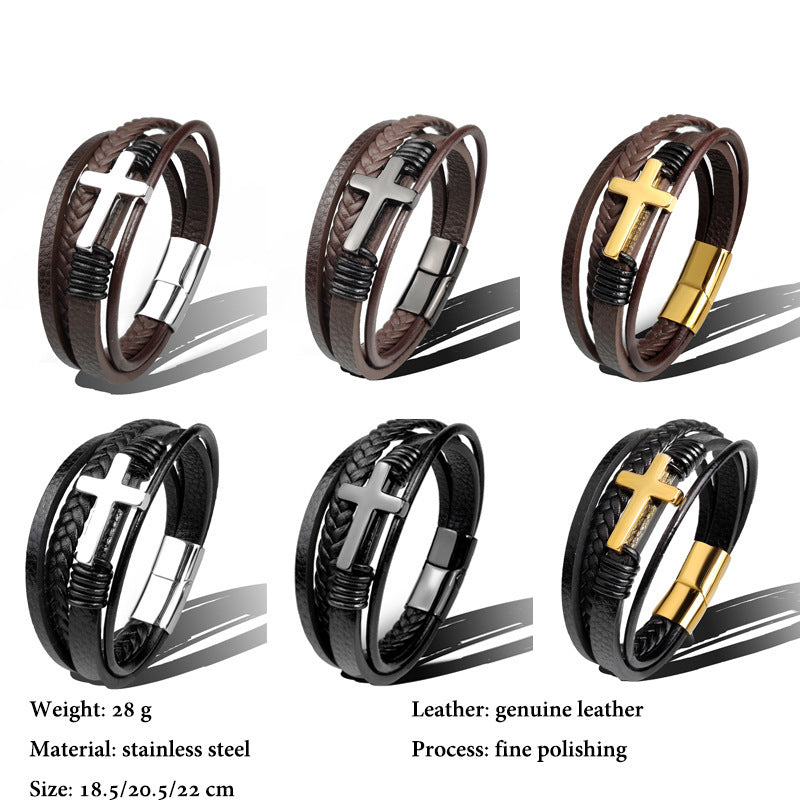 Stainless Steel Cross Leather Brown and Black Bracelet