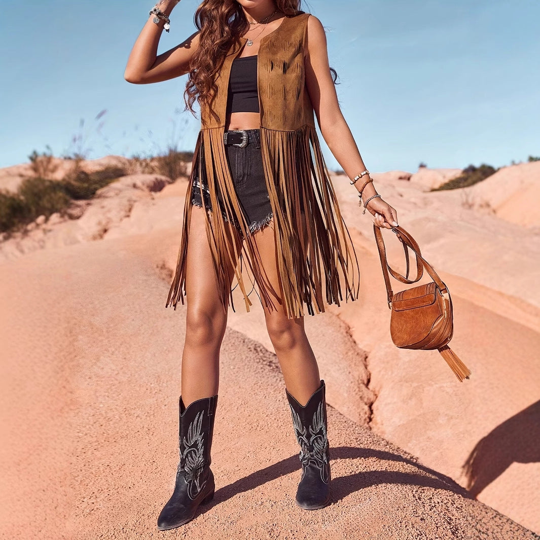 Women's Summer New Western Cowboy Style Suede Under The Skin With Fringe Hollowed Out Long Vest