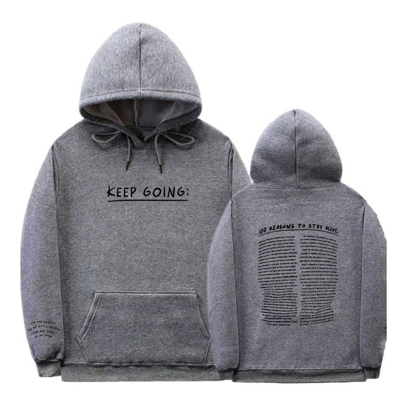 "Keep Going" Print Long-sleeved Drawstring Hooded Sweatshirt with Pockets