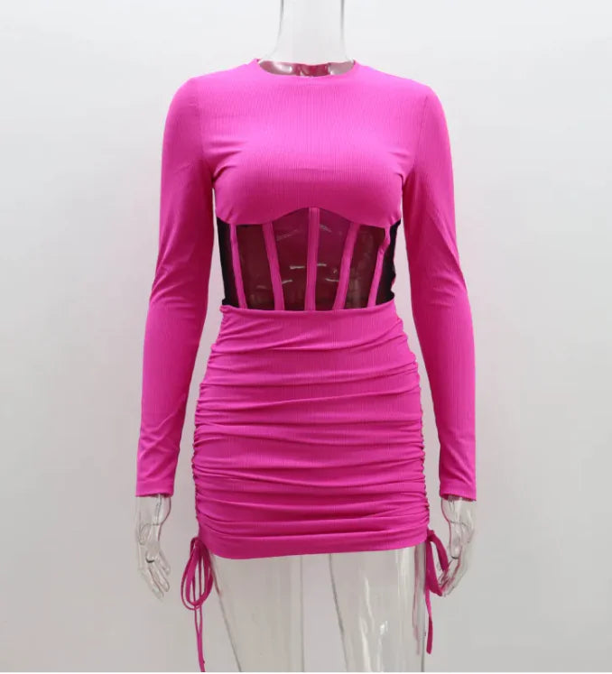 Women Pleated Long Sleeve Round Neck Dress