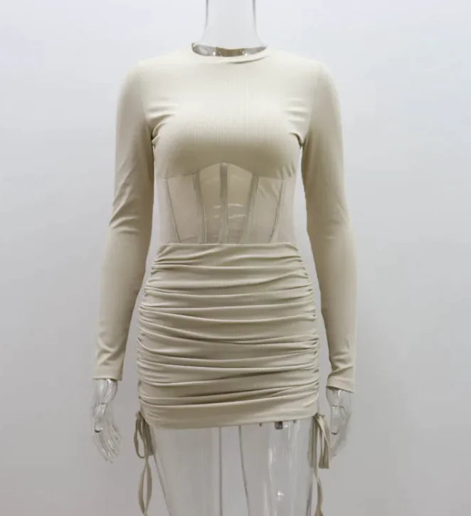 Women Pleated Long Sleeve Round Neck Dress