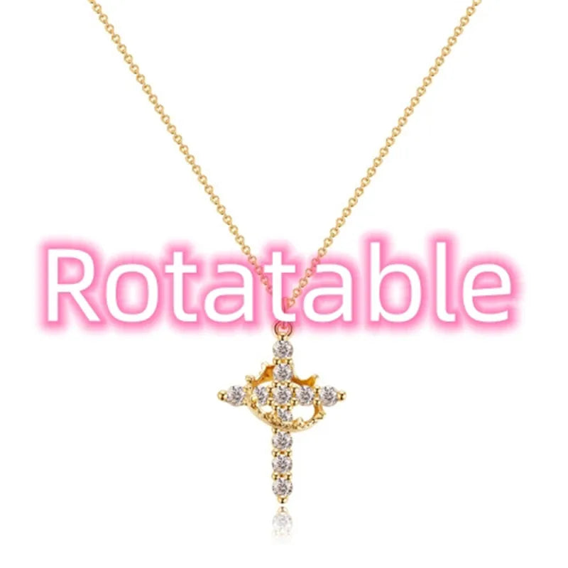Women Rotatable Cross Crown Diamond Fashion Necklace