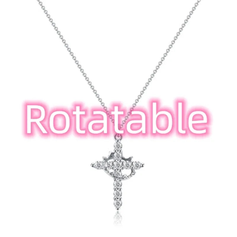 Women Rotatable Cross Crown Diamond Fashion Necklace
