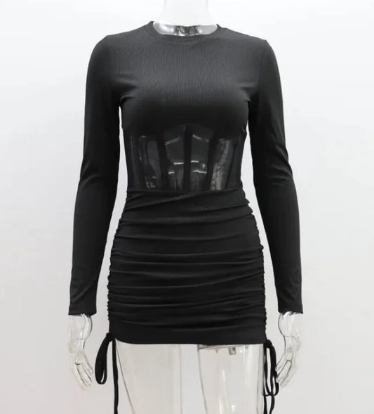 Women Pleated Long Sleeve Round Neck Dress