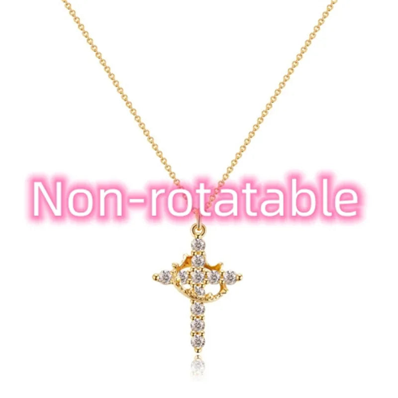 Women Rotatable Cross Crown Diamond Fashion Necklace